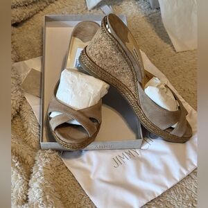 Jimmy Choo Nude Almer 80 Suede w/ Braid Trim Wedge-NWT, Sz 38.5